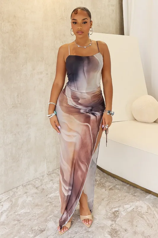 Ellery Print Mesh Asymmetrical Long Dress sold by EDGE by Know Style