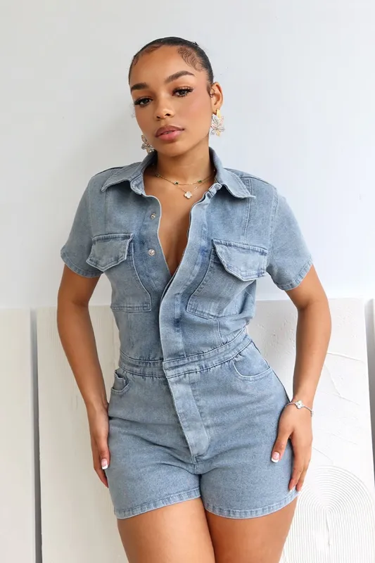 Same Page Collared Denim Romper sold by EDGE by Know Style