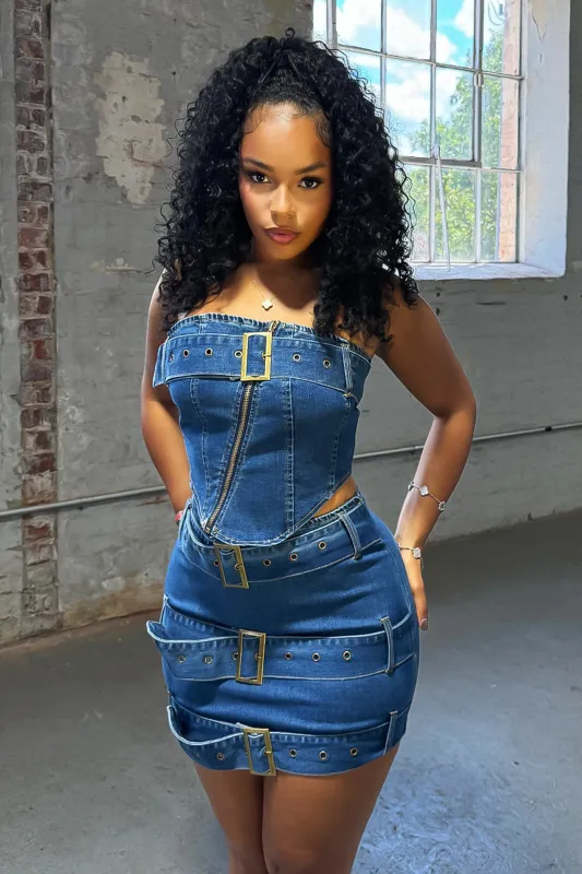 Jade Denim Belted Tube Top & Skirt SET sold by EDGE by Know Style