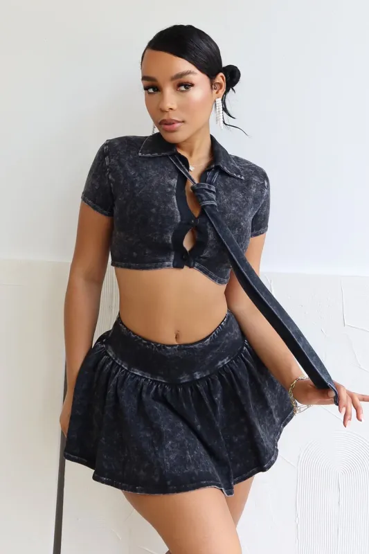 Avril Mineral Washed Tie Top & Skirt SET sold by EDGE by Know Style