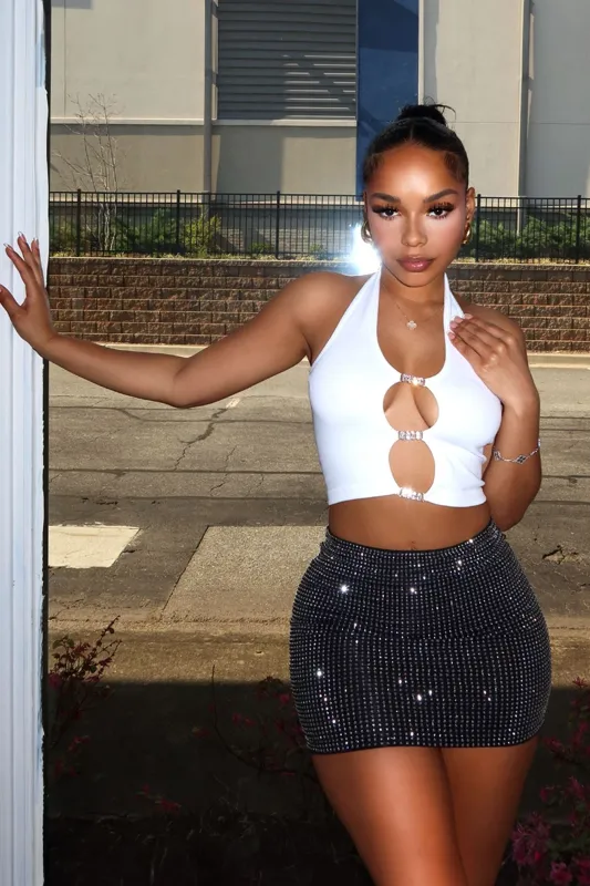 Seasonal Love Rhinestone Mini Skirt sold by EDGE by Know Style