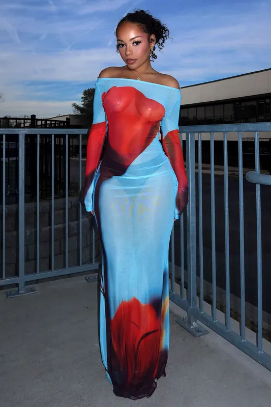 La Rose Maxi Print Mesh Dress sold by EDGE by Know Style