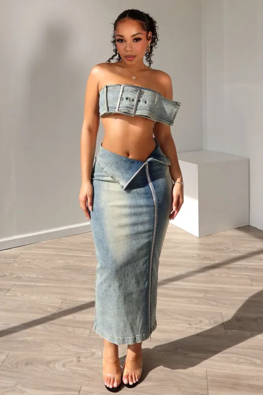 Revenge Denim Tube Top & Skirt SET sold by EDGE by Know Style