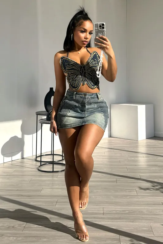 Golden Spring Butterfly Denim Top sold by EDGE by Know Style