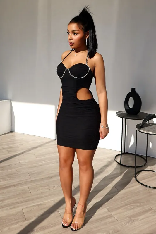 Be Mine Rhinestone Trim Halter Mesh Dress sold by EDGE by Know Style