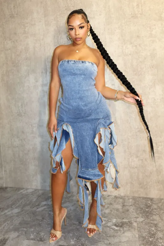 Rosie Ruffle Denim Tube Dress sold by EDGE by Know Style