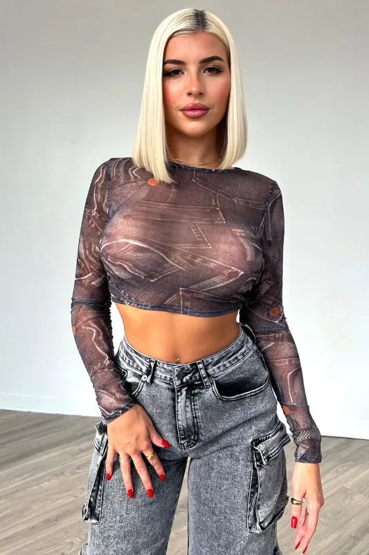 Break It Off Denim Print Mesh Top sold by EDGE by Know Style