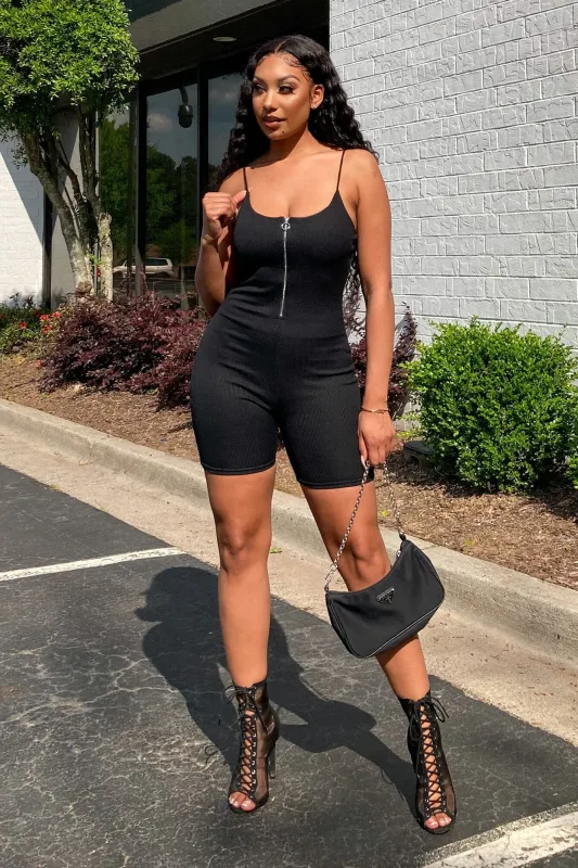 Follow My Rules Ribbed Zip-Up Cami Romper sold by EDGE by Know Style