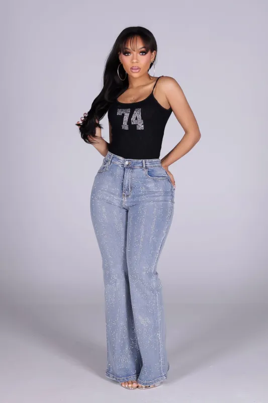 Opulent Rhinestone Flare Leg Denim Jeans sold by EDGE by Know Style