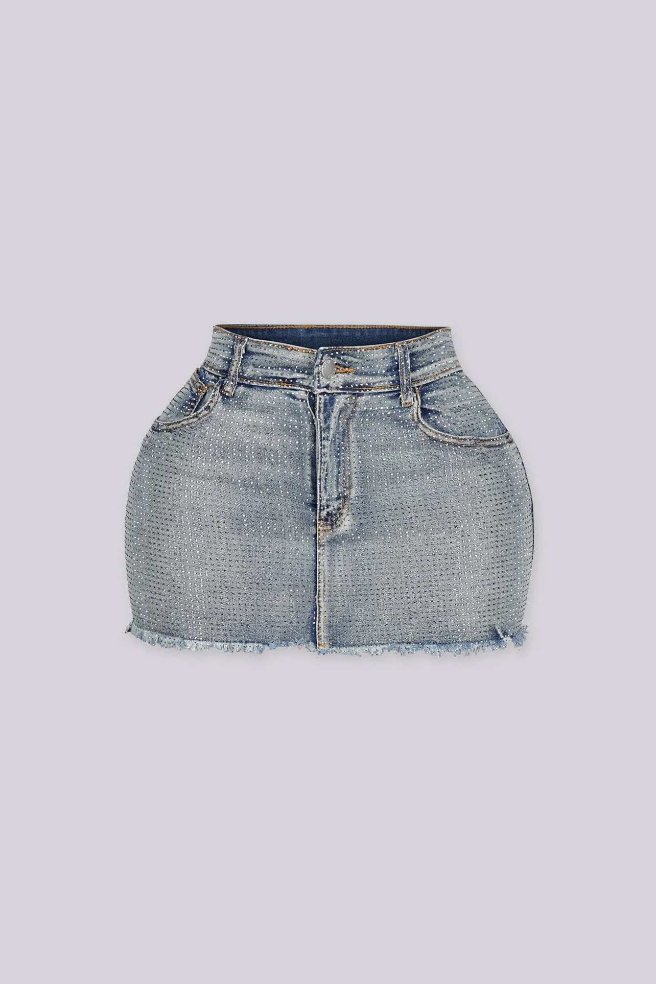Opulent Rhinestone Denim Mini Skirt sold by EDGE by Know Style