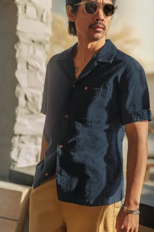 Cuban Night Seersucker Shirt Navy sold by &SONS
