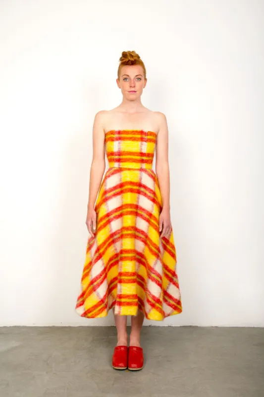 yellow tartan mohair ballgown made by The Tweed Project