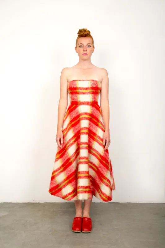 red tartan mohair ballgown made by The Tweed Project