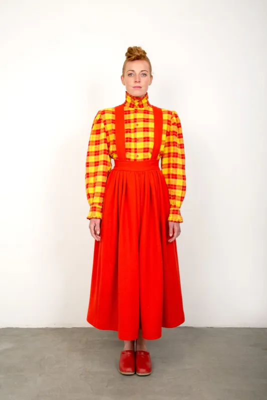 red wool skirt with braces made by The Tweed Project