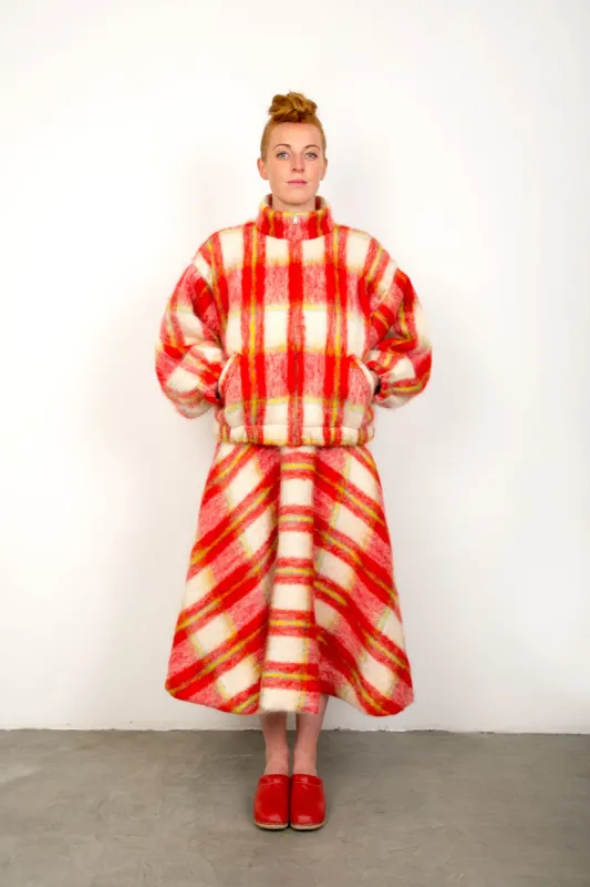 red tartan mohair bomber jacket made by The Tweed Project