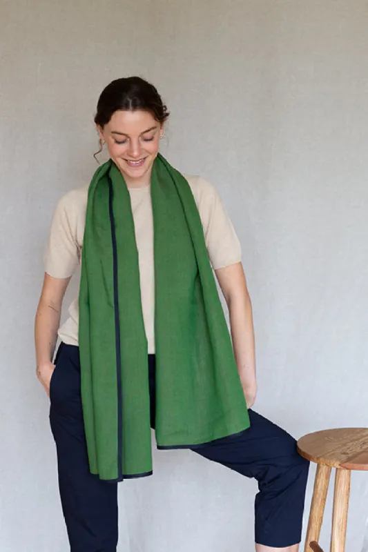 Moss Green with Navy Trim High Five Linen Scarf sold by Stable of Ireland