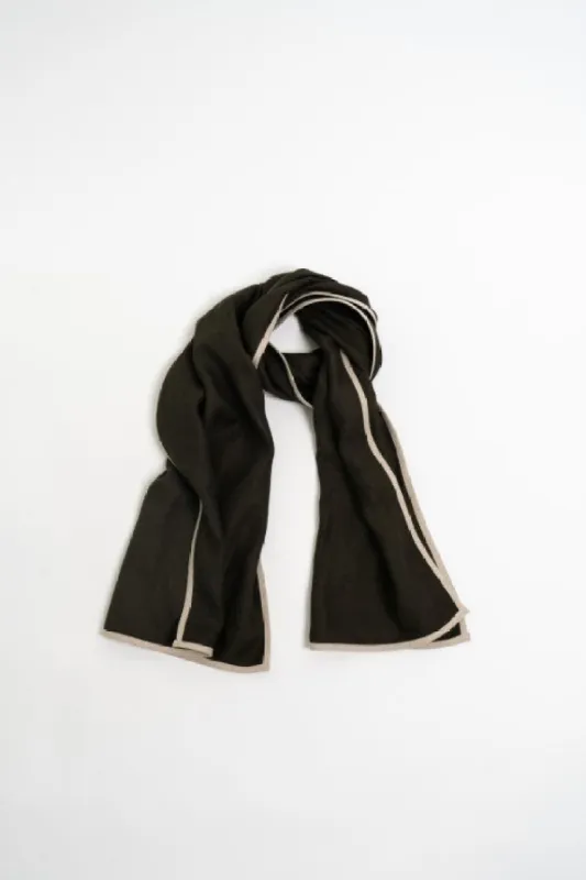 Peat Green with Cream Trim High Five Linen Scarf sold by Stable of Ireland