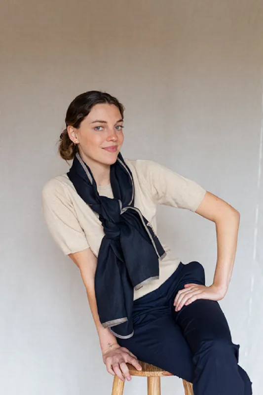 Navy with Ginger Trim High Five Linen Scarf made by Stable of Ireland