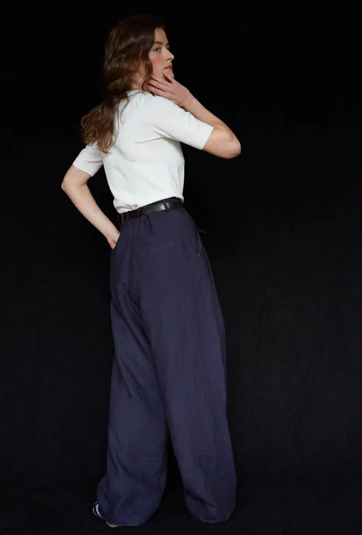 Navy Pleated Wide Irish Linen Trousers sold by Stable of Ireland product image thumbnail 2