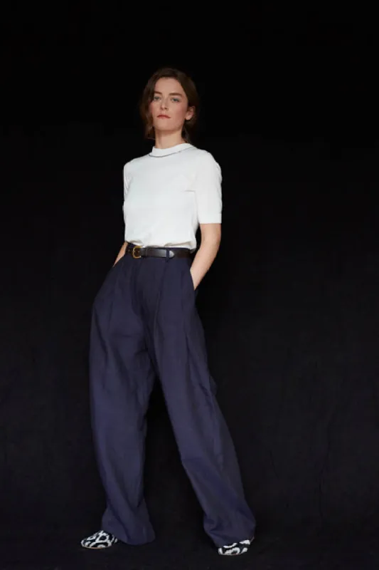 Navy Pleated Wide Irish Linen Trousers sold by Stable of Ireland