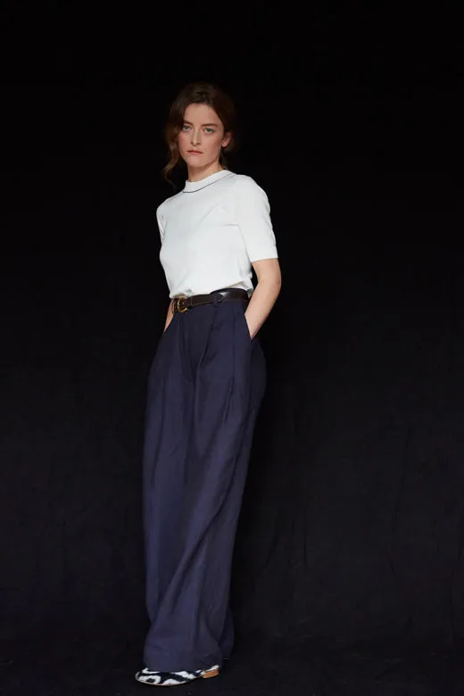 Navy Pleated Wide Irish Linen Trousers sold by Stable of Ireland product image thumbnail 3