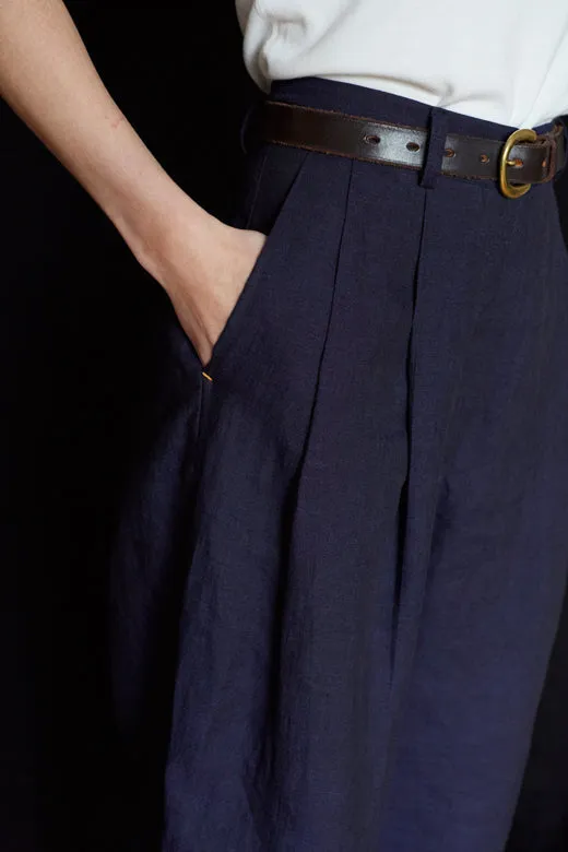 Navy Pleated Wide Irish Linen Trousers sold by Stable of Ireland product image thumbnail 4