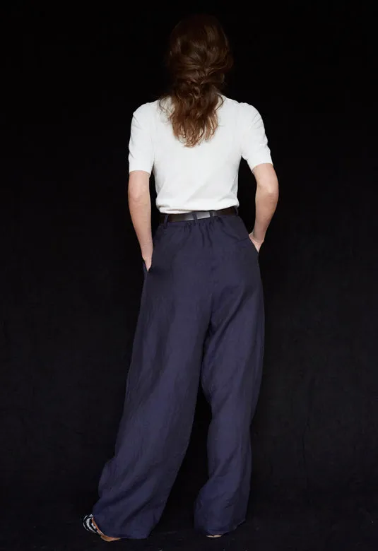 Navy Pleated Wide Irish Linen Trousers sold by Stable of Ireland product image thumbnail 5