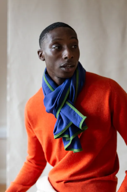 Royal Blue with Green Trim High Five Linen Scarf sold by Stable of Ireland