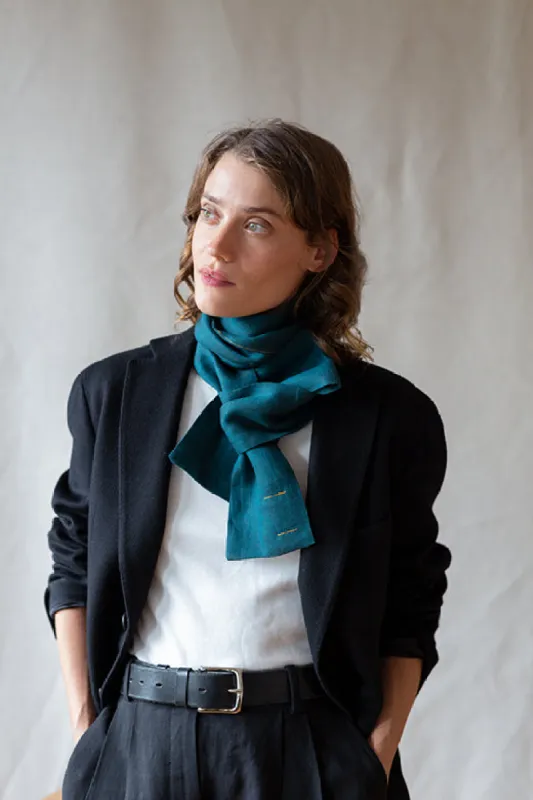 The STABLE Irish Linen Scarf - Peacock Blue Herringbone sold by Stable of Ireland