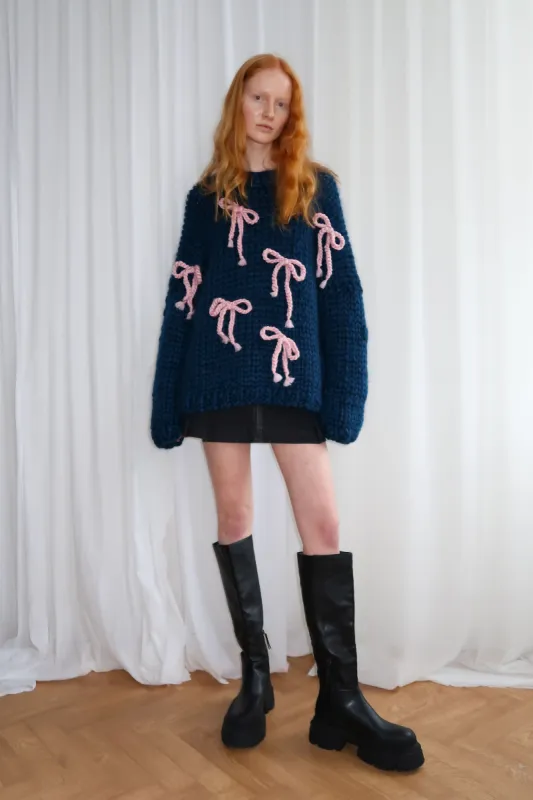 Navy Chunky Bow Knit Sweater sold by Hope Macaulay
