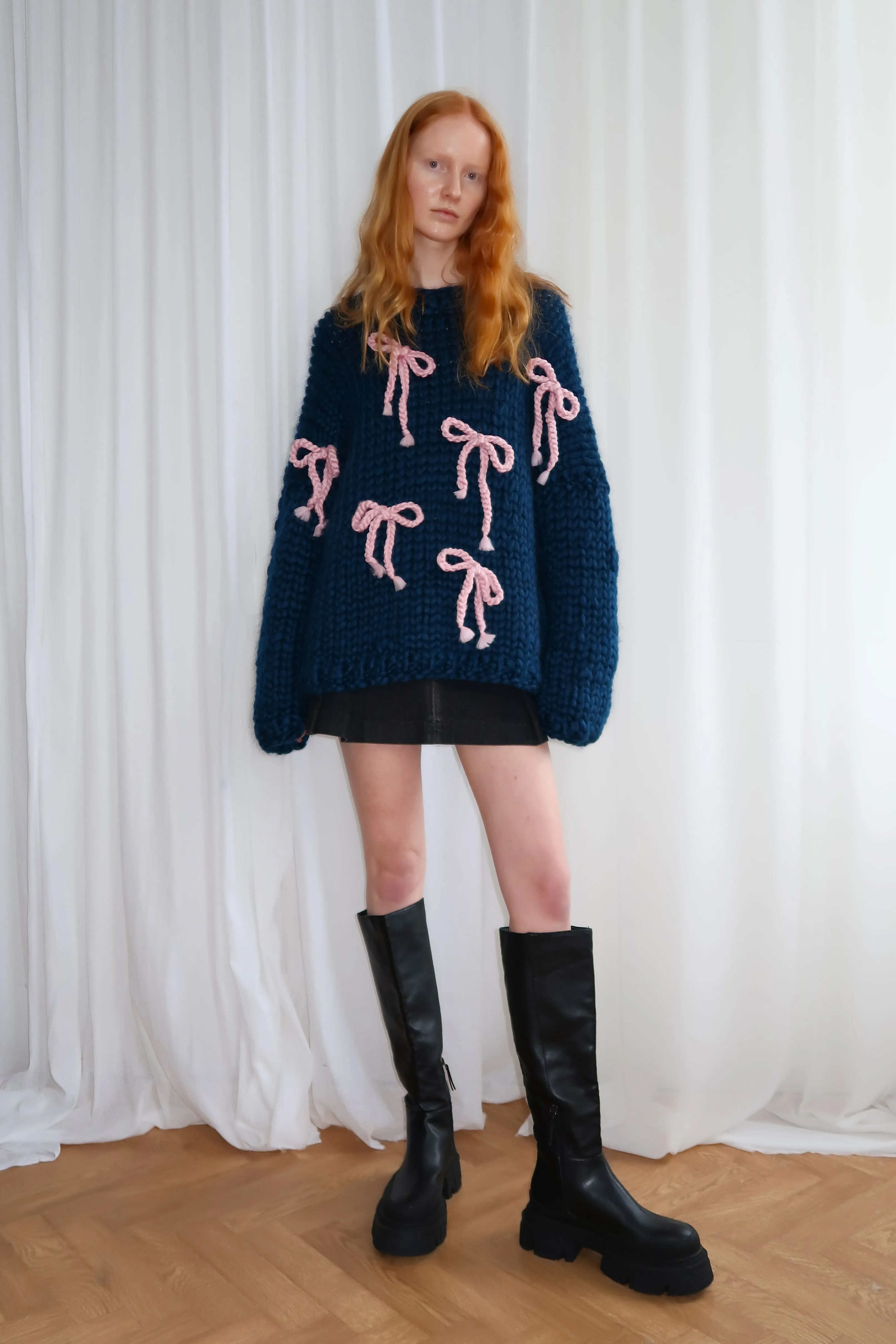 Navy Chunky Bow Knit Sweater sold by Hope Macaulay