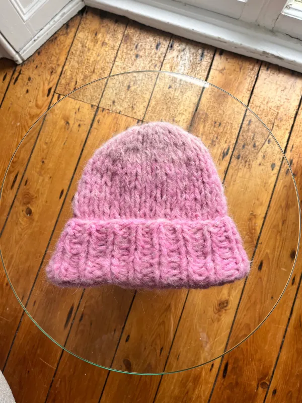 Pink Fluffy Knit Beanie Hat (Sample) sold by Hope Macaulay