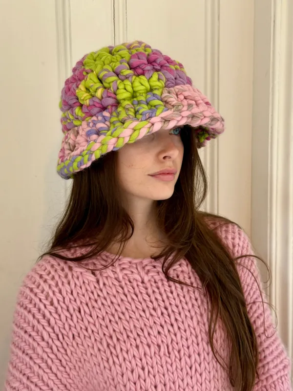 1of1 Hand-Spun Green and Purple Chunky Knit Mushroom Hat (Sample) sold by Hope Macaulay