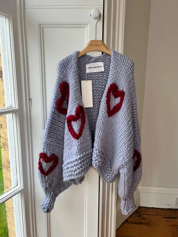 Blue and Burgundy Heart Chunky Knit Cardigan L/XL (Sample) sold by Hope Macaulay