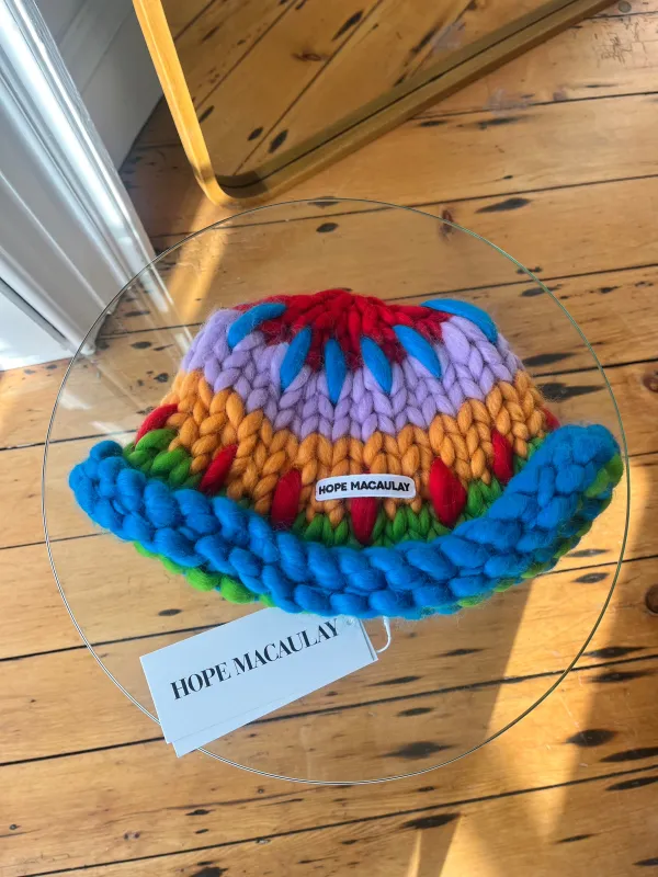 Blue Patchwork Colossal Knit Mushroom Hat (Sample) sold by Hope Macaulay