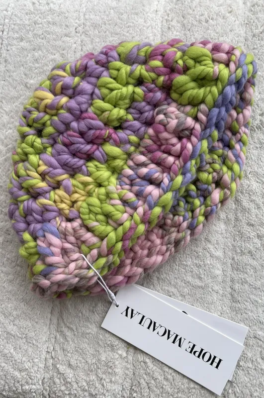 1of1 Hand-Spun Green and Purple Chunky Knit Mushroom Hat (Sample) made by Hope Macaulay
