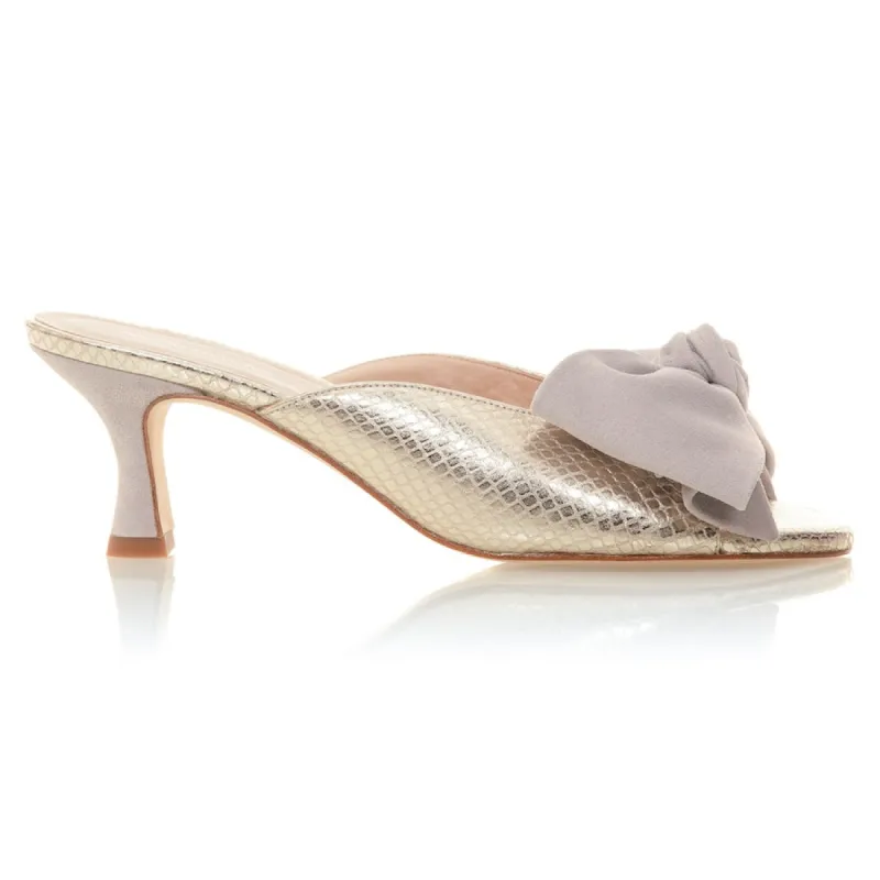 Bow Peep Toe Kitten Heel - Gold Python/Grey sold by Nicki Hoyne
