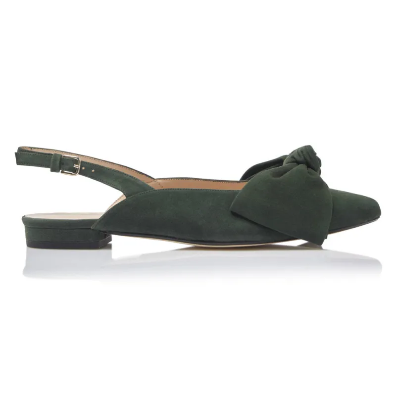 Bow Flat Slingback Shoe - Forest Green Suede sold by Nicki Hoyne