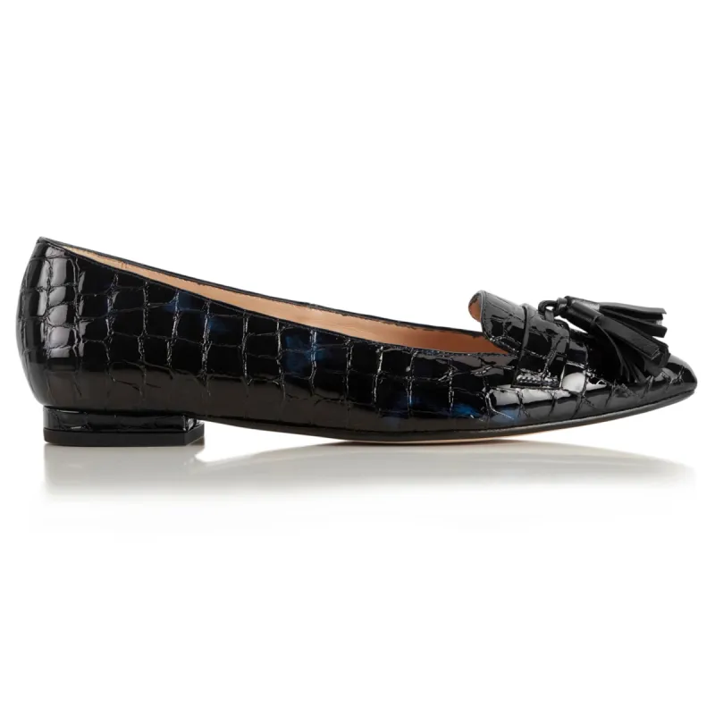 Flat Point Toe Tassel Shoe - Patent Croc Black & Blue sold by Nicki Hoyne