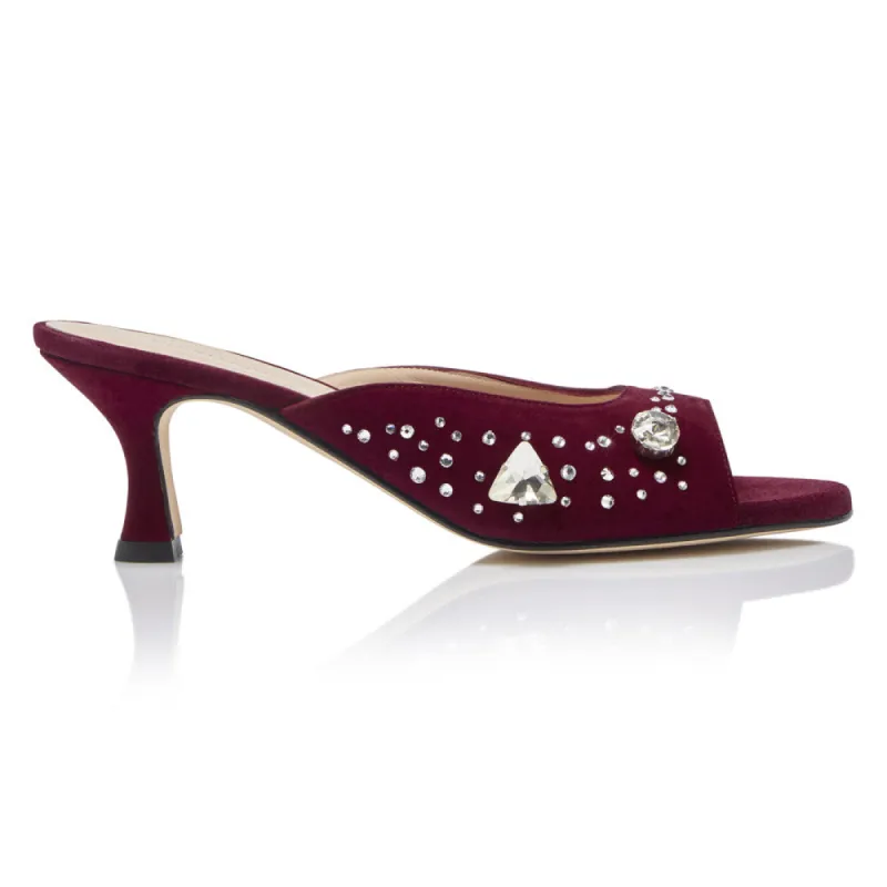 The Moment Peep Toe Kitten Heel - Oxblood Suede/Clear Crystals sold by Nicki Hoyne