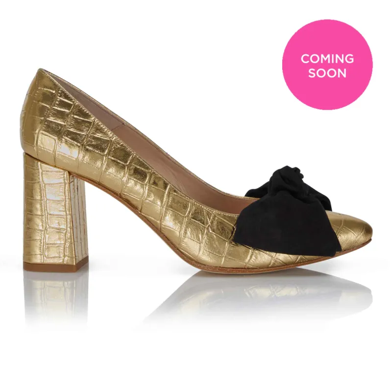 Bow Pump - Gold Croc/Black sold by Nicki Hoyne