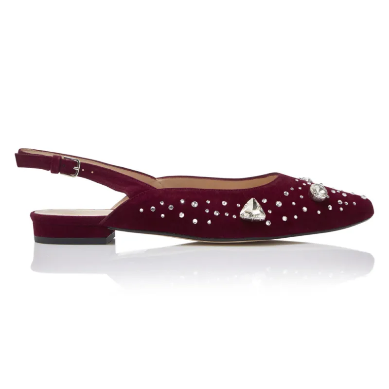 The Moment Flat Slingback - Burgundy Suede/Clear Crystals sold by Nicki Hoyne