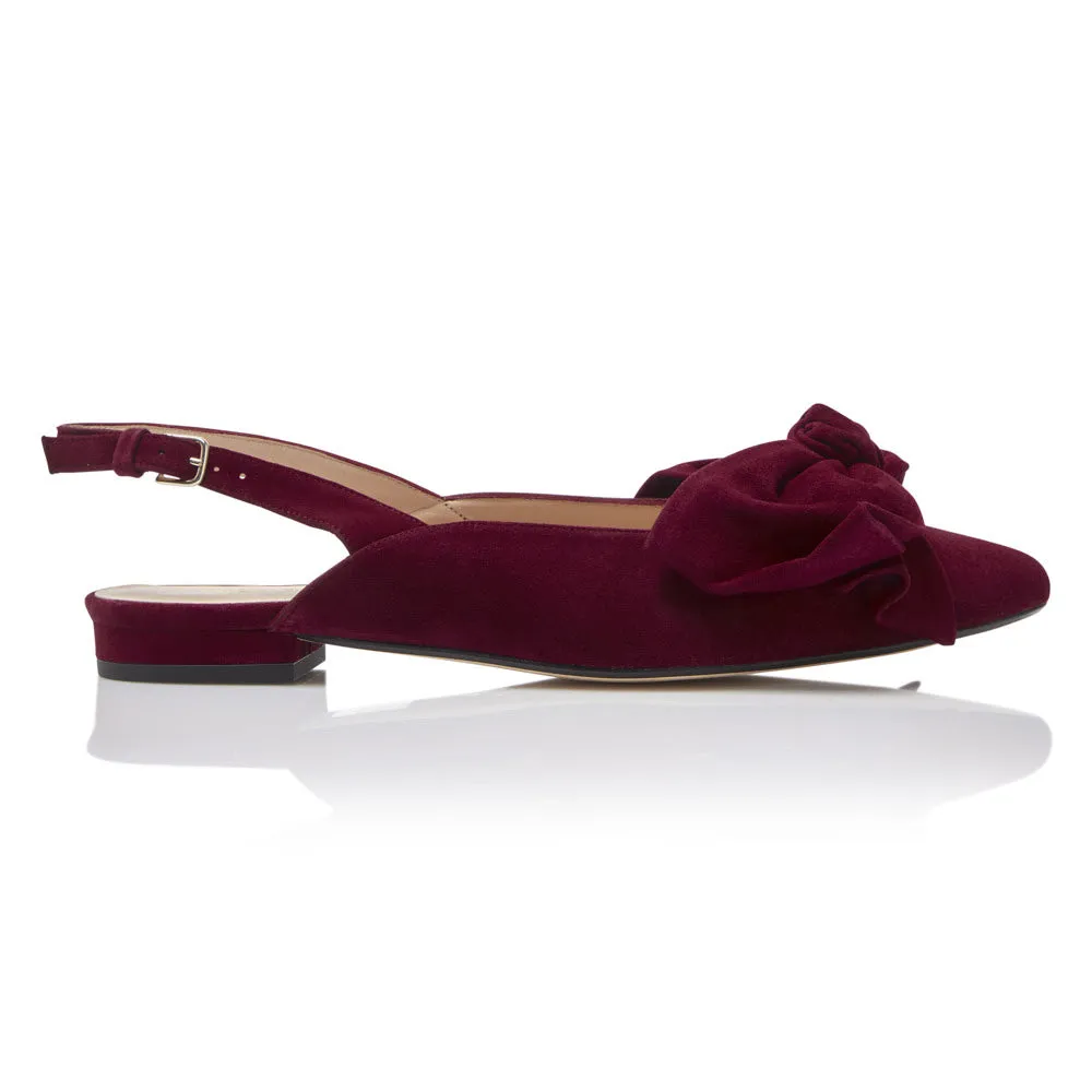 Bow Flat Slingback Shoe - Burgundy Suede sold by Nicki Hoyne