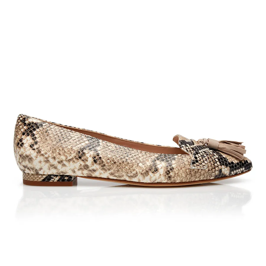 Flat Point Toe Tassel Shoe - Snake/Beige sold by Nicki Hoyne