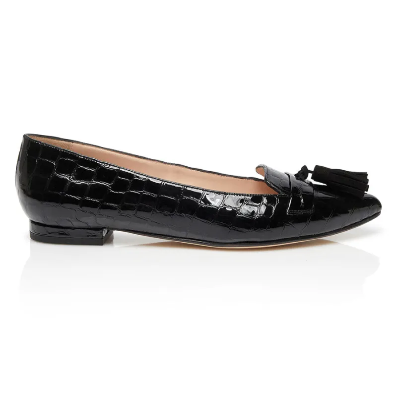 Tassel Flat - Patent Black Croc made by Nicki Hoyne