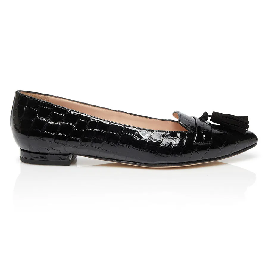 Tassel Flat - Patent Black Croc sold by Nicki Hoyne