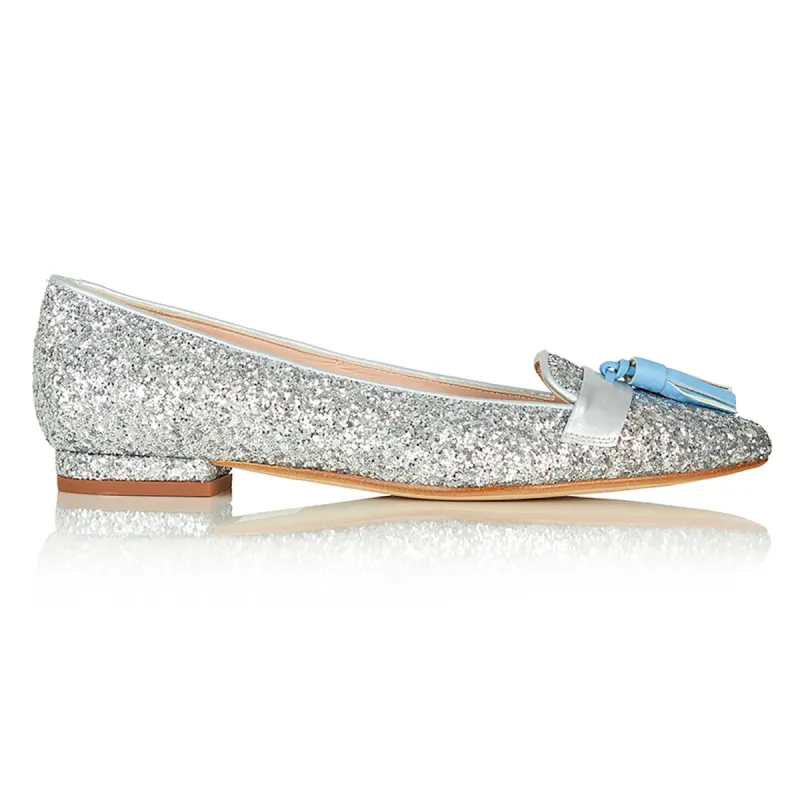 Flat Point Toe Tassel Shoe - Silver Glitter Blue Tassel sold by Nicki Hoyne