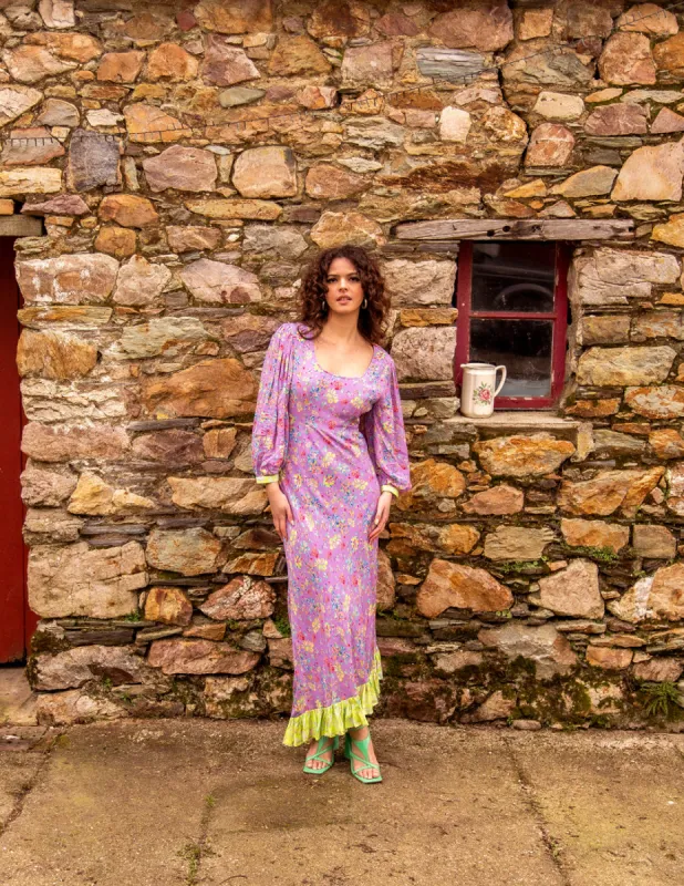 The Helena dress in lilac and lime sold by Feri