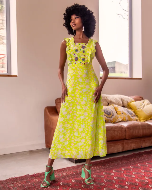 The Melanie dress in lime sold by Feri