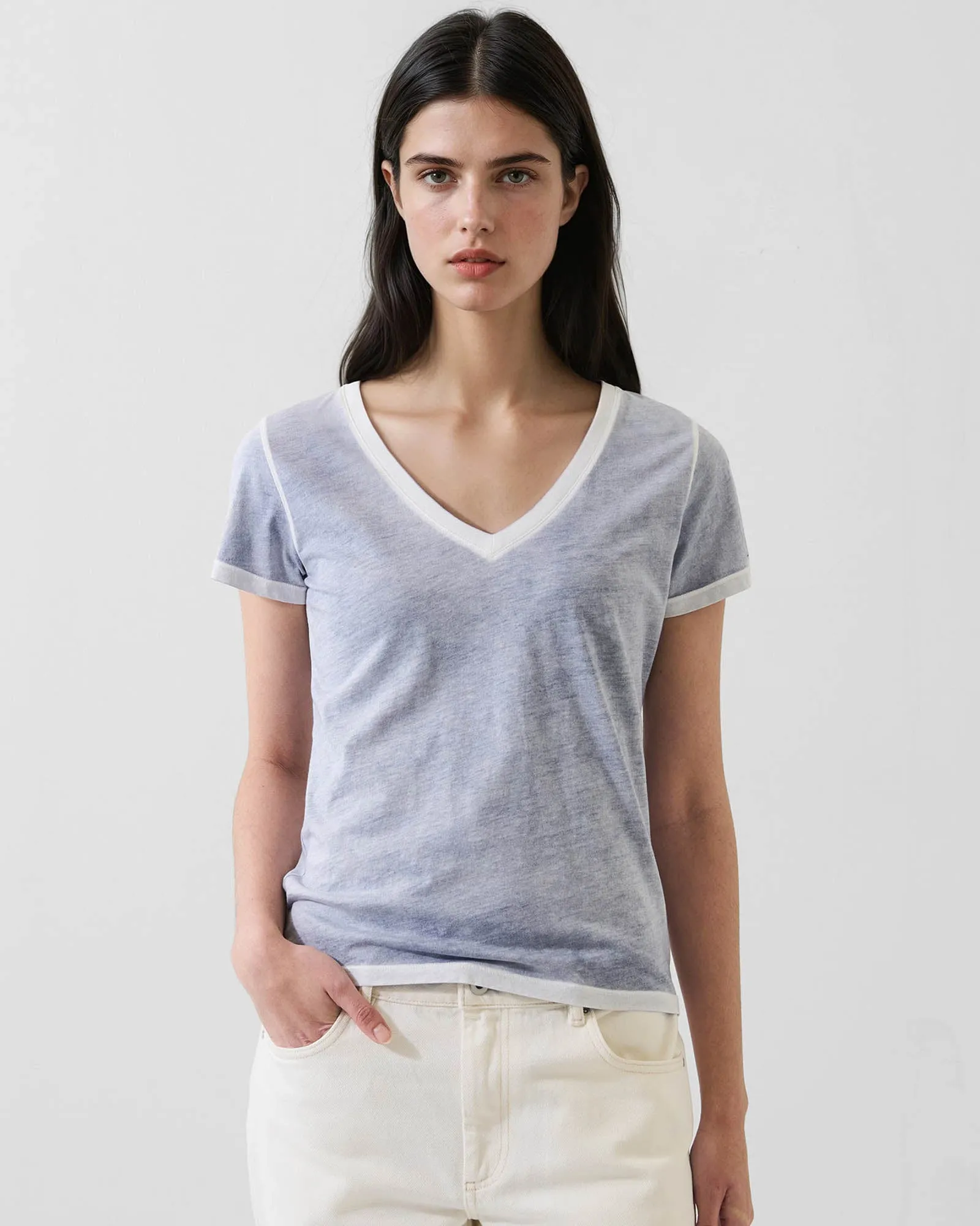 Reverse Spray Lightweight Pima Cotton V-Neck T-Shirt sold by TNT Fashion